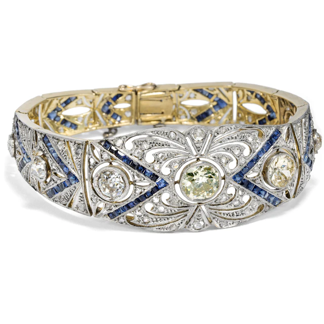 Precious Antique Bracelet With Diamonds & Sapphires In Platinum On