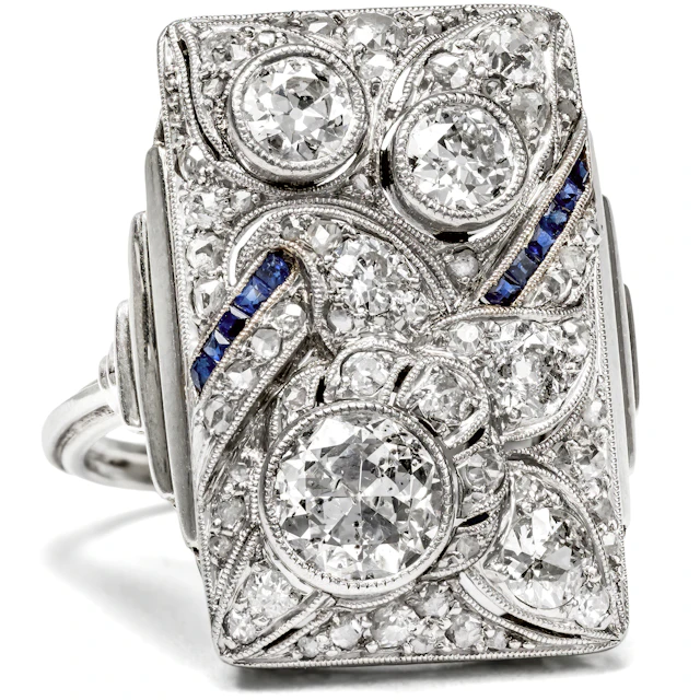 Extravagant Art Deco Ring with Diamonds in Platinum and White Gold, c. 1925