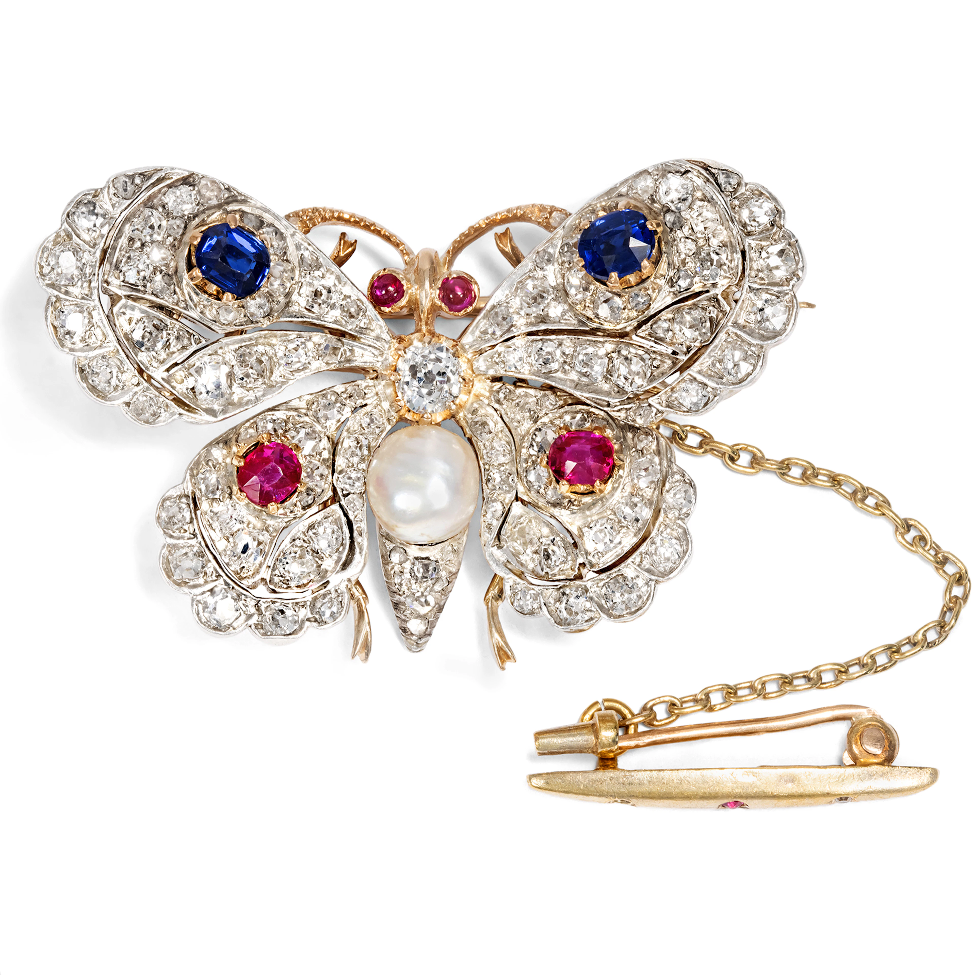Antique Butterfly Brooch with Natural Pearl, Rubies, Sapphires, and