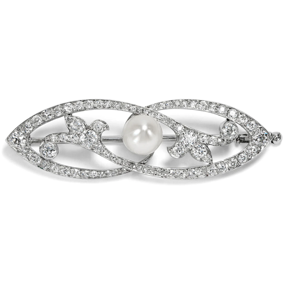 Precious Belle Époque brooch with diamonds & natural pearl in platinum