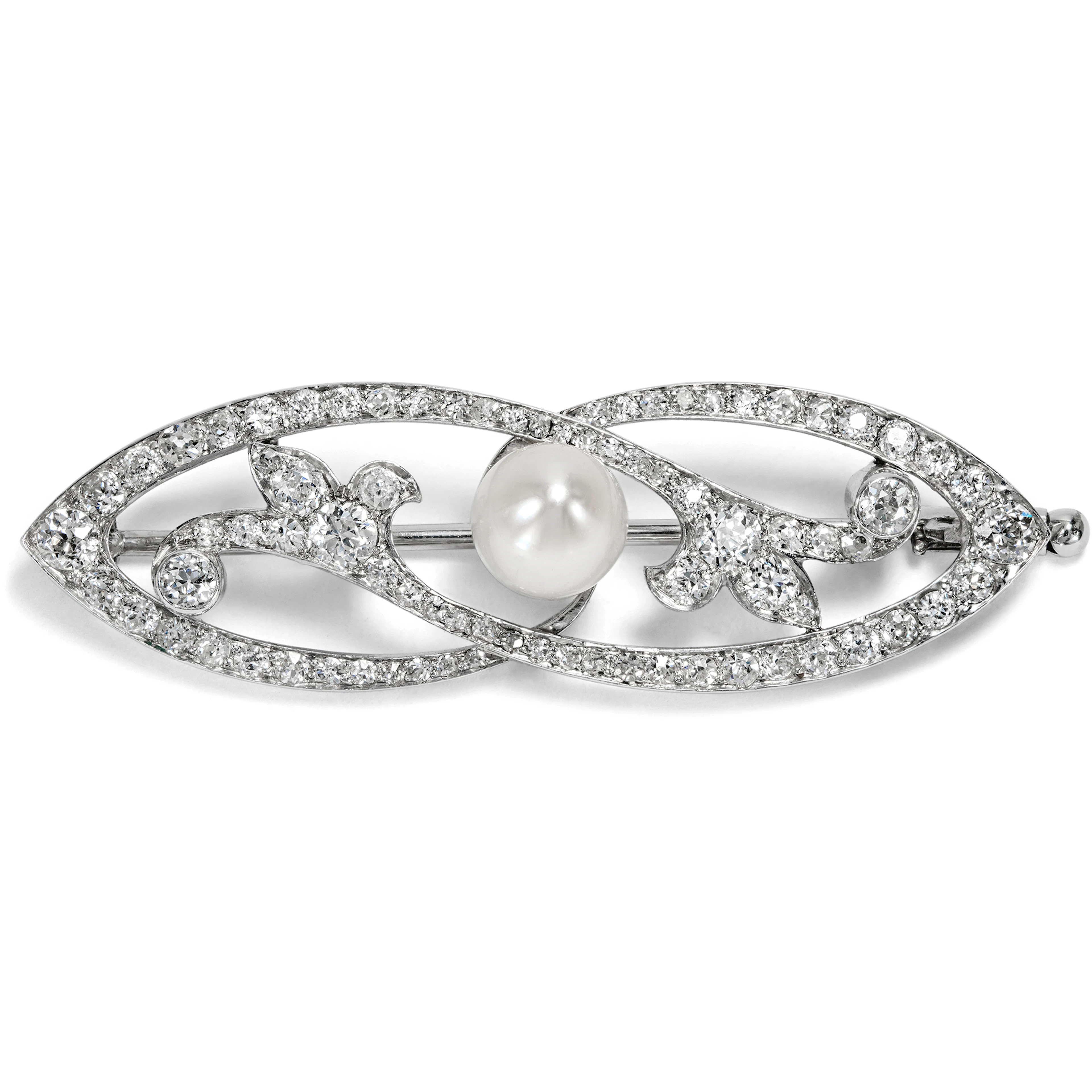 Precious Belle Époque brooch with diamonds & natural pearl in platinum