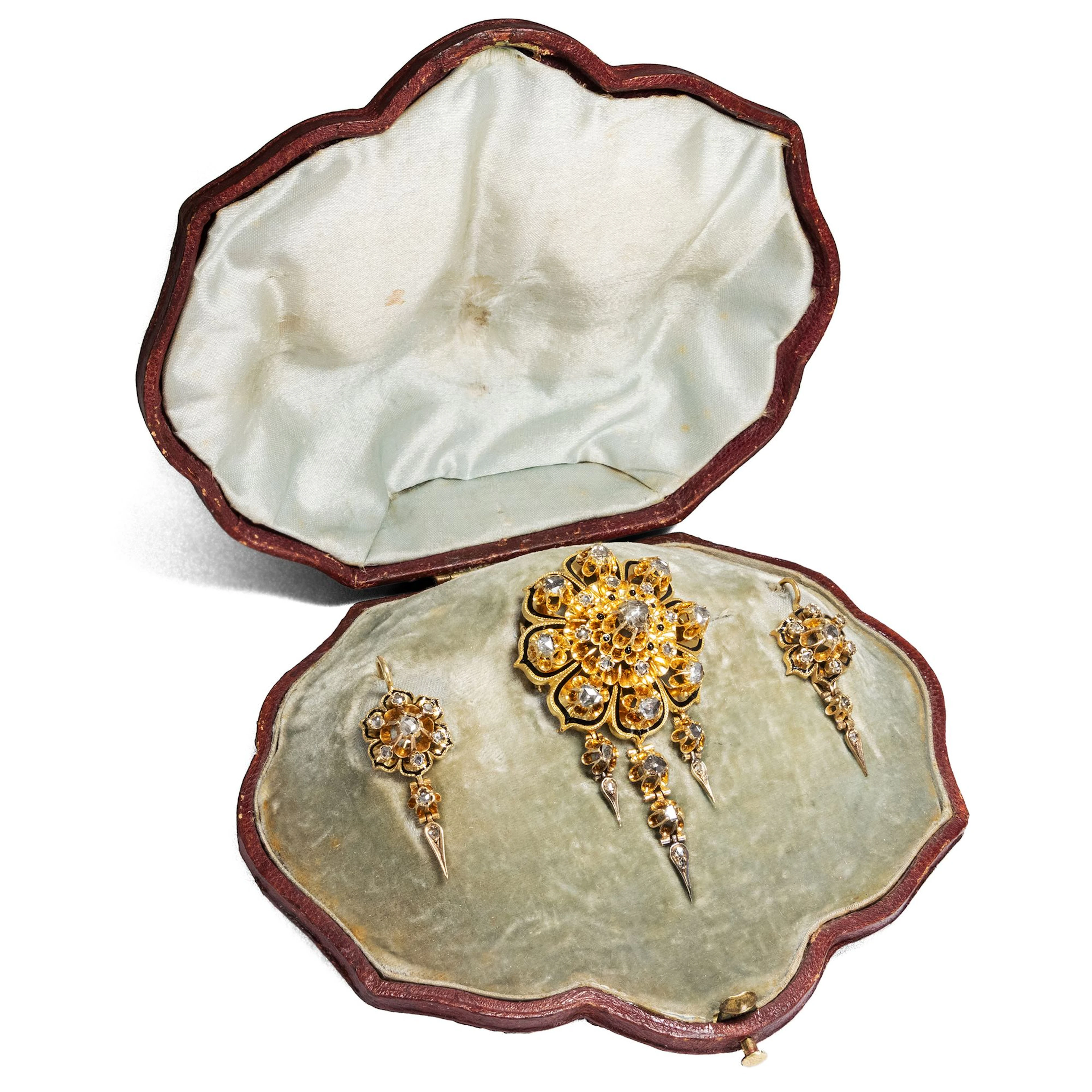 Antique Demi-Parure With Diamond Roses in Enameled Gold, Austria-Hungary