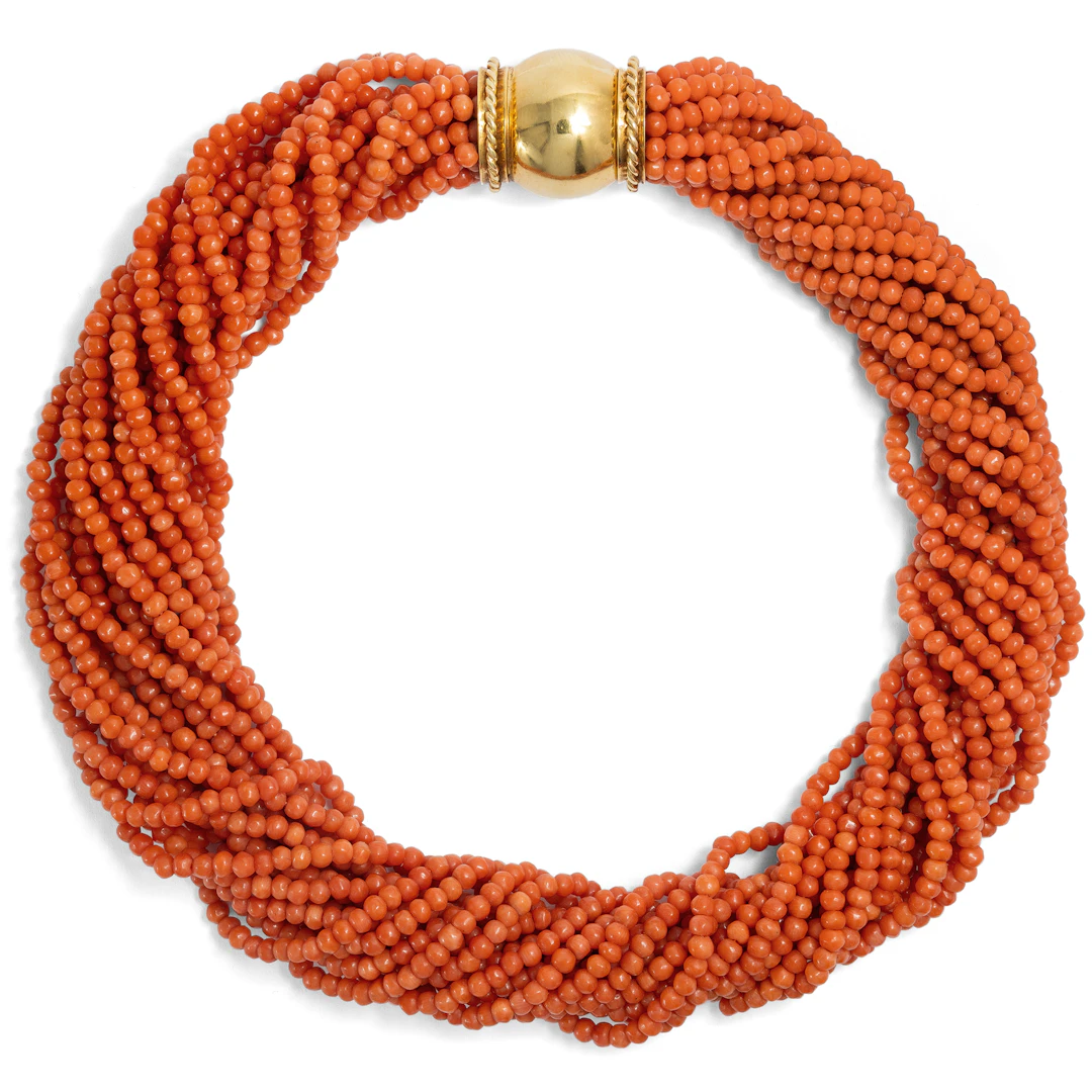 Magnificent Vintage Torsade Coral Necklace with Gold Clasp, Italy c. 1985