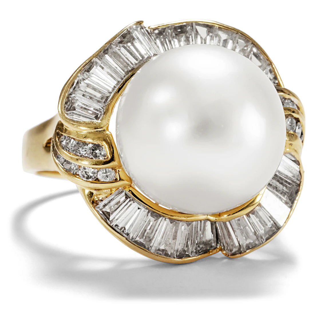 Magnificent Vintage Gold Ring With Diamonds & South Sea Pearl, Germany