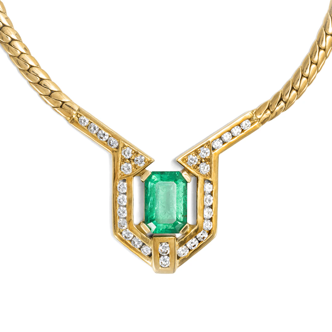 Precious Vintage Necklace With Emerald & Diamonds In Gold From Jeweller