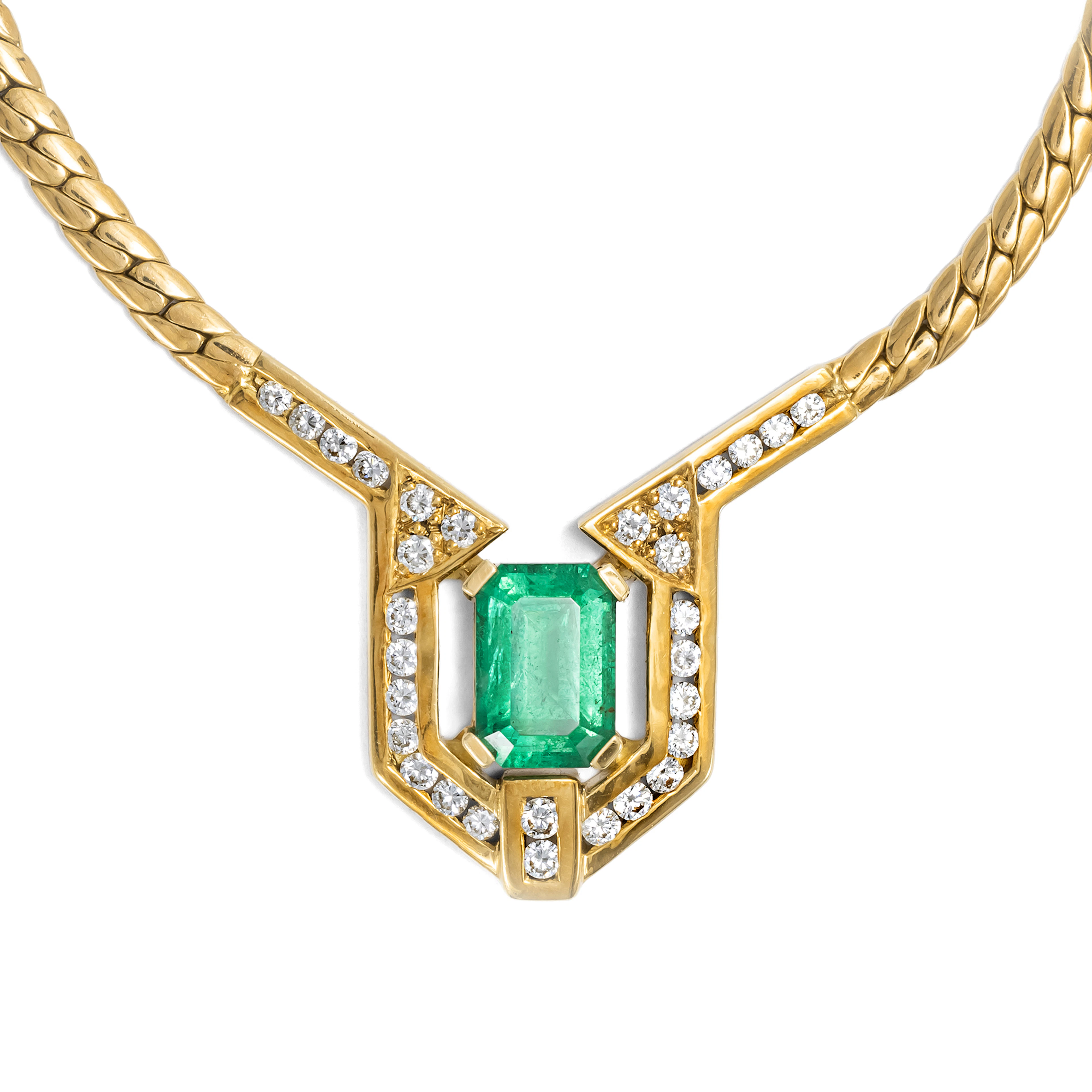 Precious Vintage Necklace With Emerald & Diamonds In Gold From Jeweller