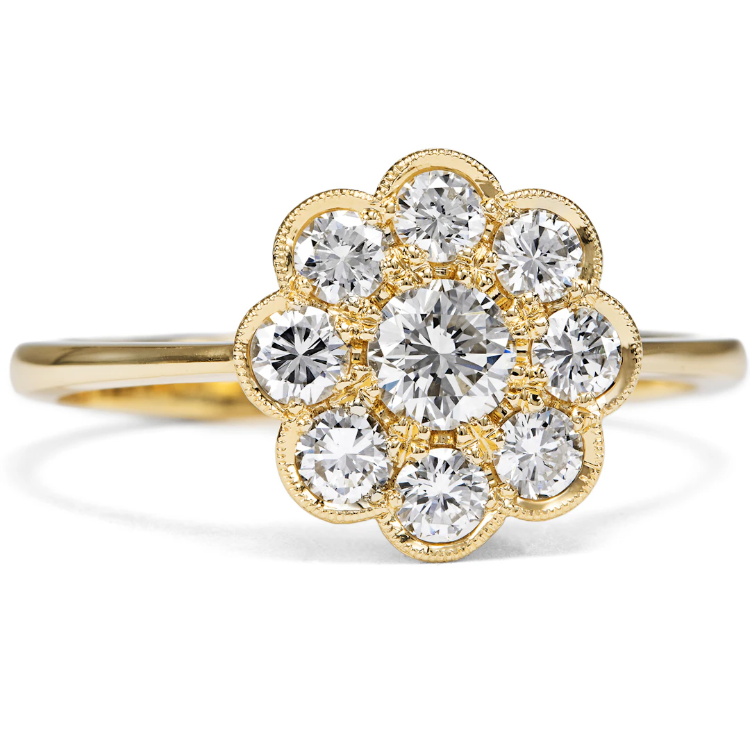 Sustainable Flower Ring with Vintage Diamonds in Yellow Gold, Made