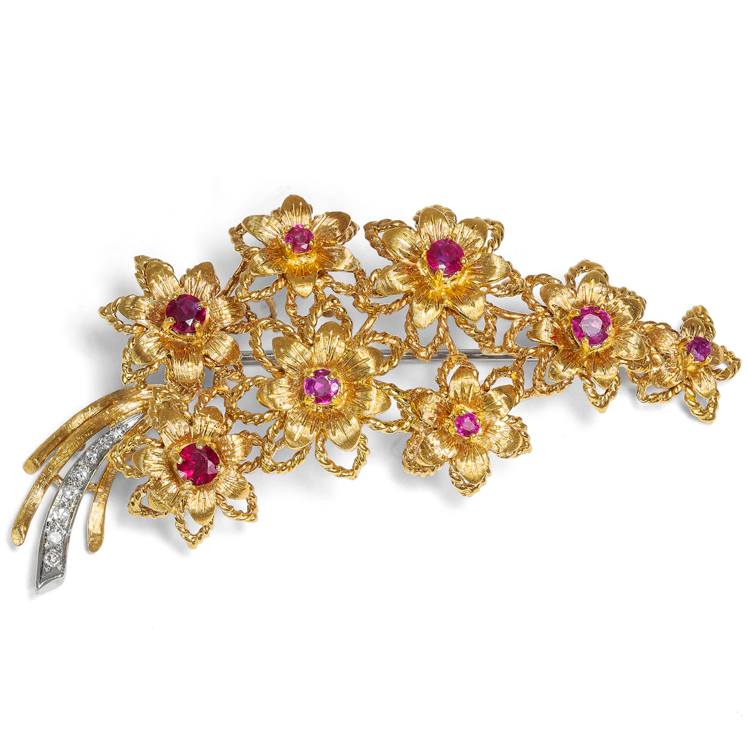 Large Vintage Brooch With Burmese Rubies & Diamonds in Gold, Probably