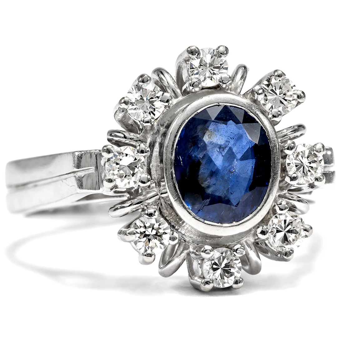 Vintage Ring with Sapphire & Diamonds in White Gold, c. 1980