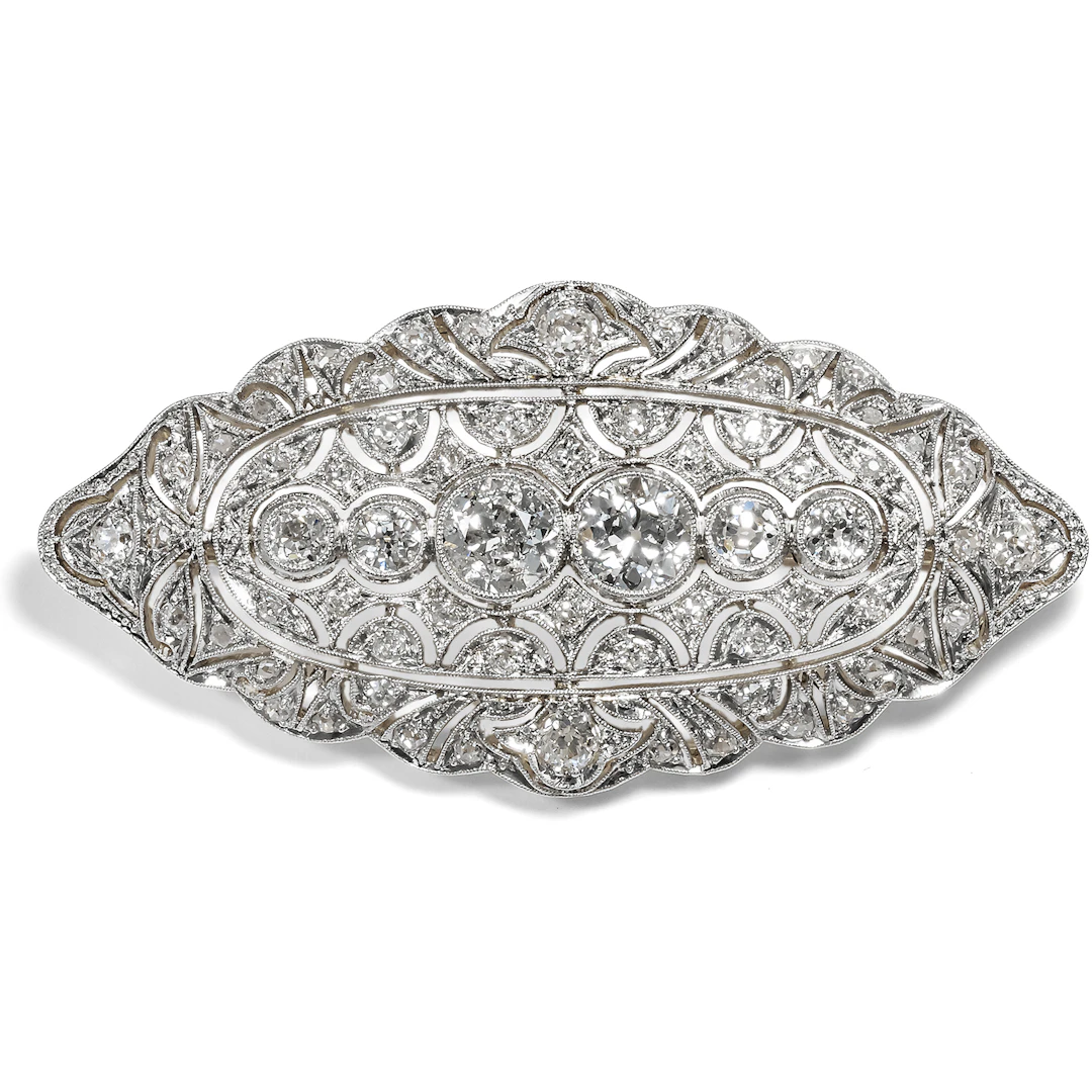 Glamorous Brooch with 2.69 ct Diamonds in Gold & Platinum, Zagreb c. 1935