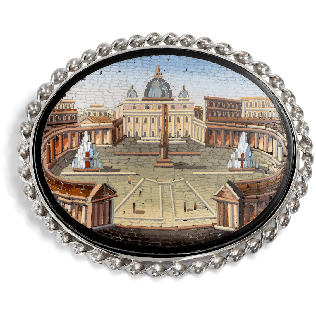Antique Micromosaic With The Piazza San Pietro In A Silver Frame From