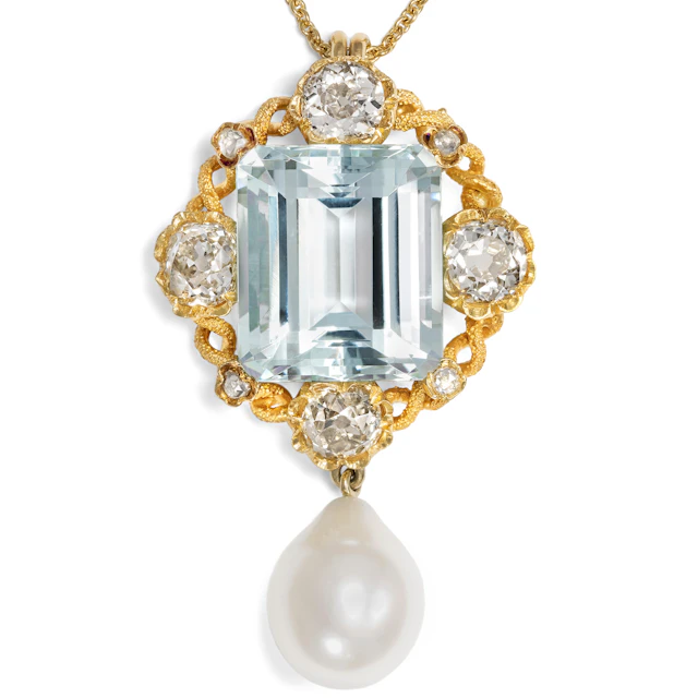 Golden Pendant With Aquamarine, Diamonds & Pearl, Great Britain &