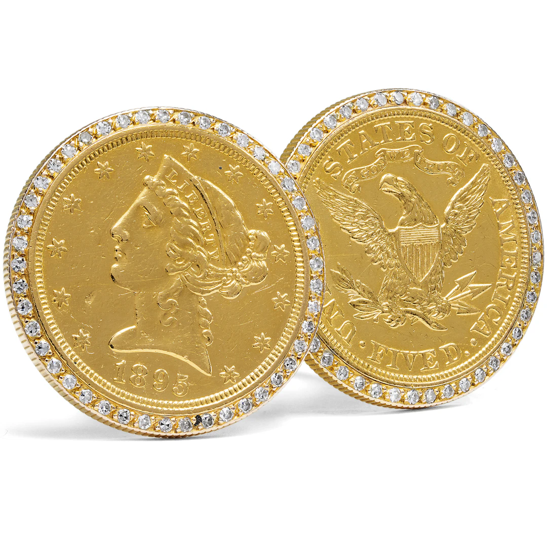 Unusual Vintage Ring with American 5-Dollar Coins and Diamonds, c. 1985