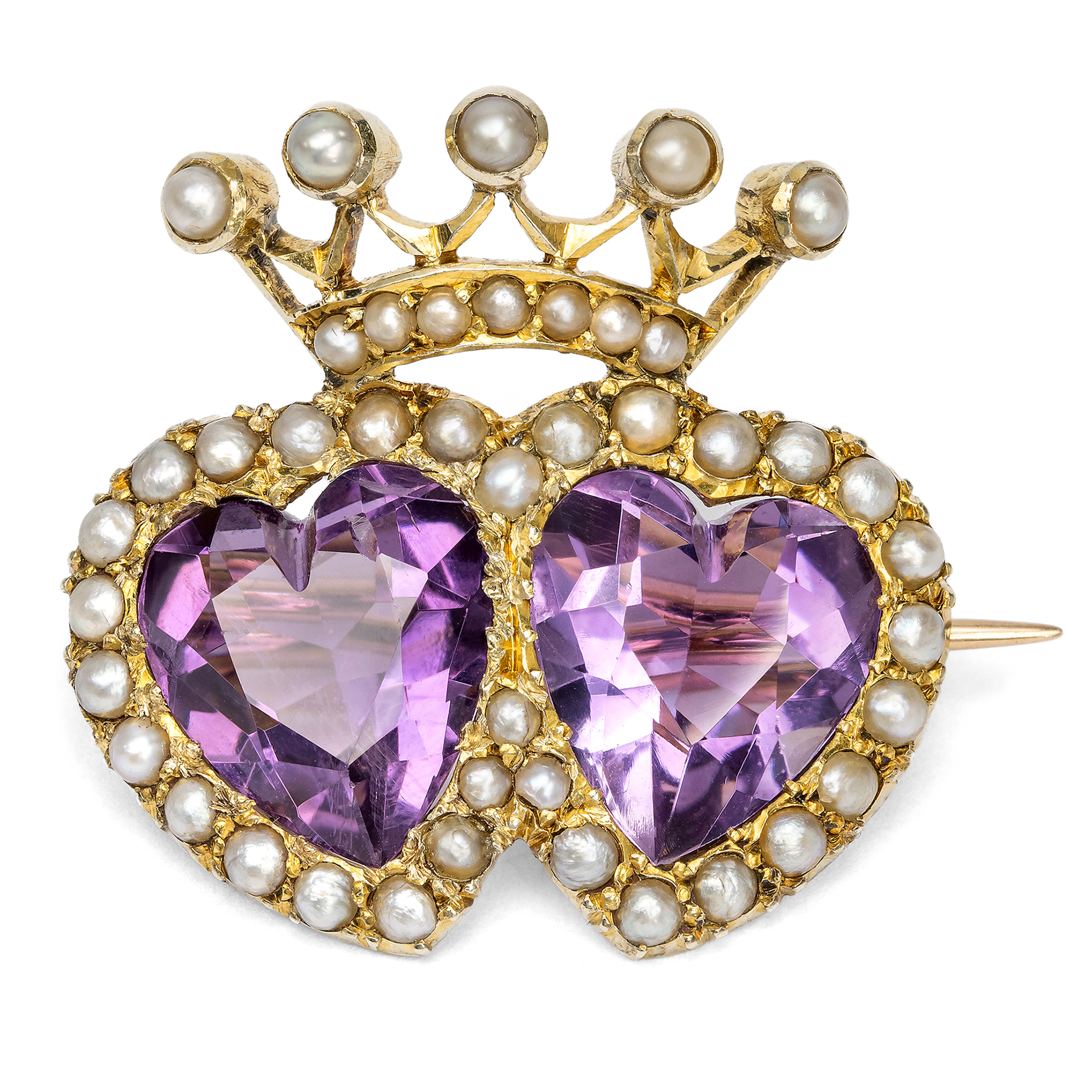 Sentimental Amethyst and Natural Pearl Brooch in Gold, British, c. 1890