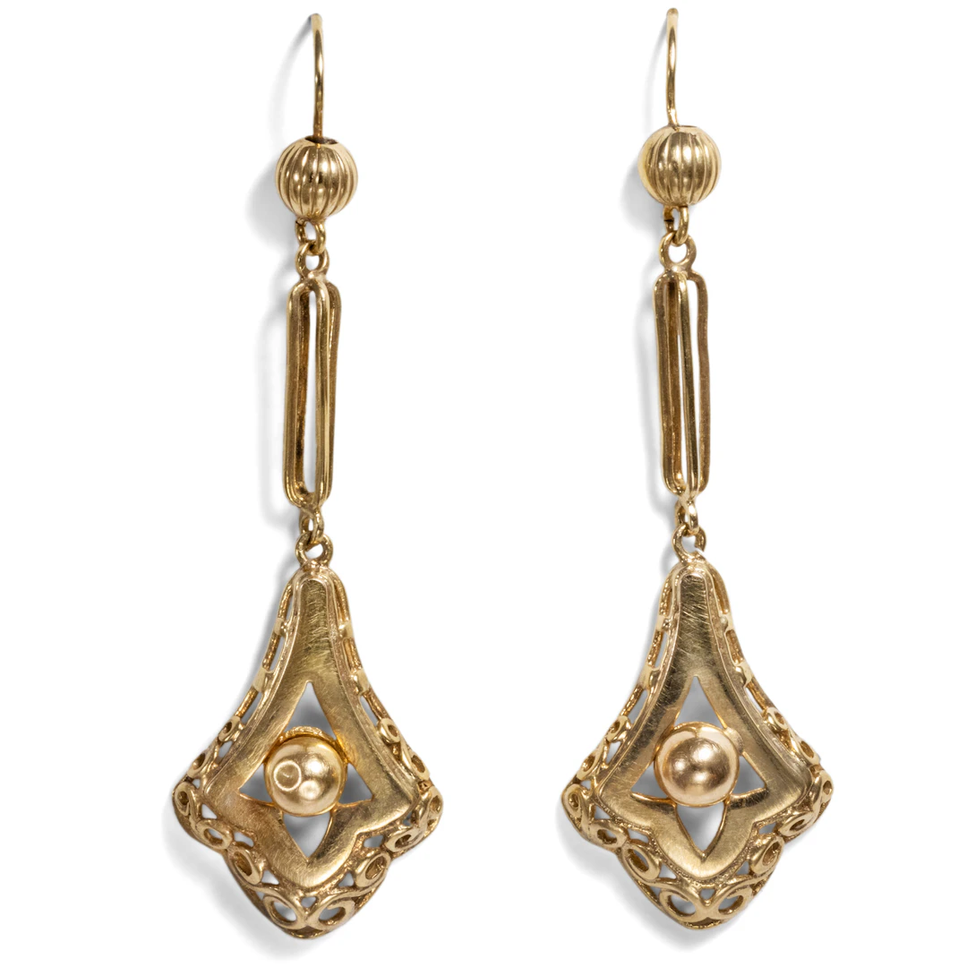 Long Vintage Victorian Style Gold Earrings, Great Britain c. 1985