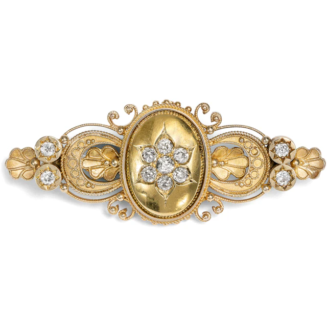 Victorian Locket Gold Brooch with Diamonds, c. 1890