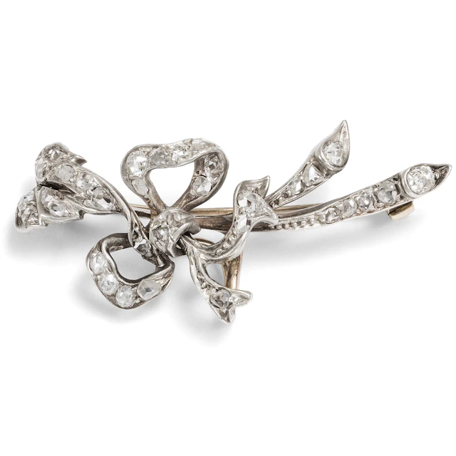 Antique Ribbon Bow Brooch with Diamonds in Silver on Gold, c. 1890