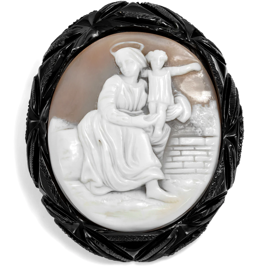 Victorian Jet Brooch With Shell Cameo of the Virgin and Child, England c. 1860