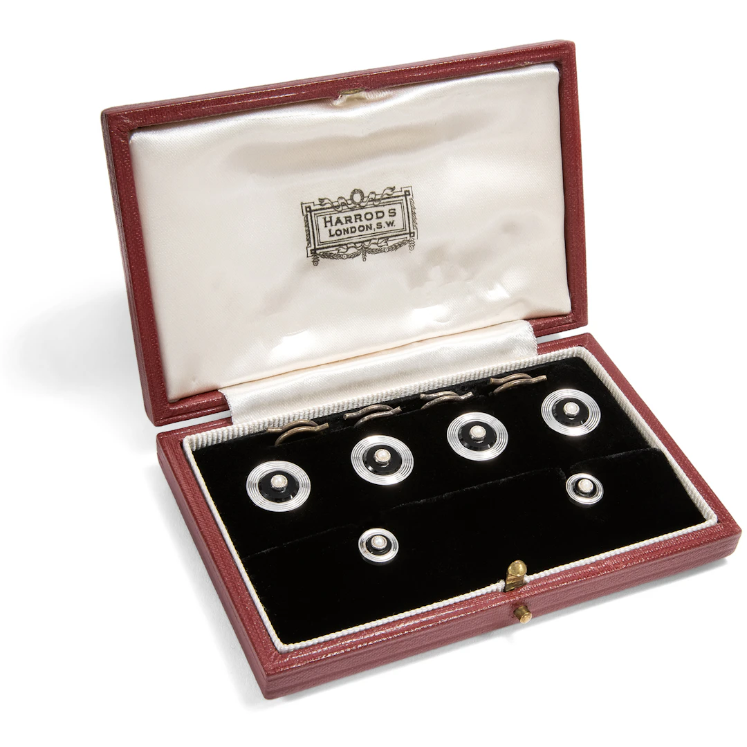 Elegant Gentlemen's Dress Set in White Gold, Onyx & Pearls From Harrods