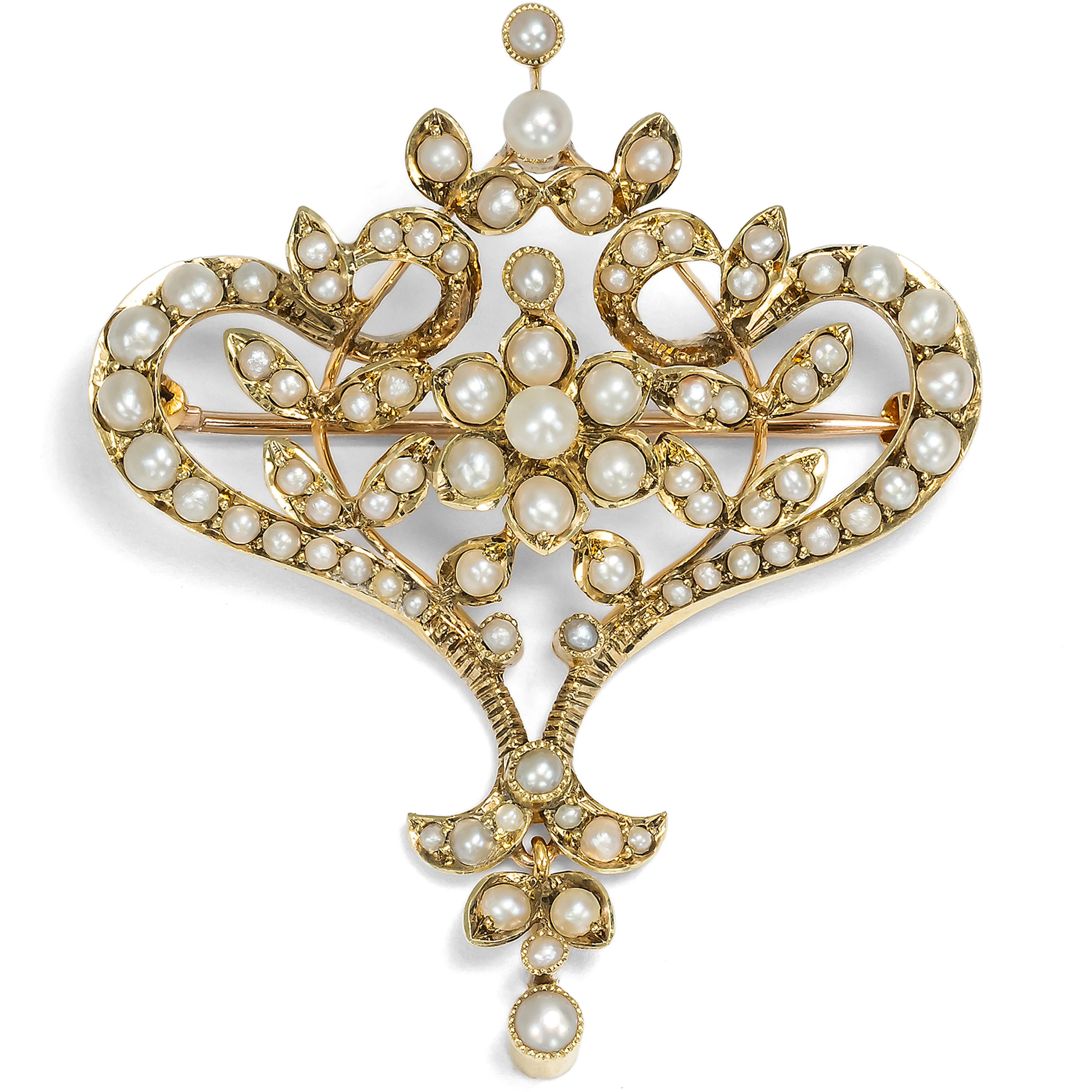 Edwardian Gold Brooch with Natural Seed Pearls, British, c. 1910