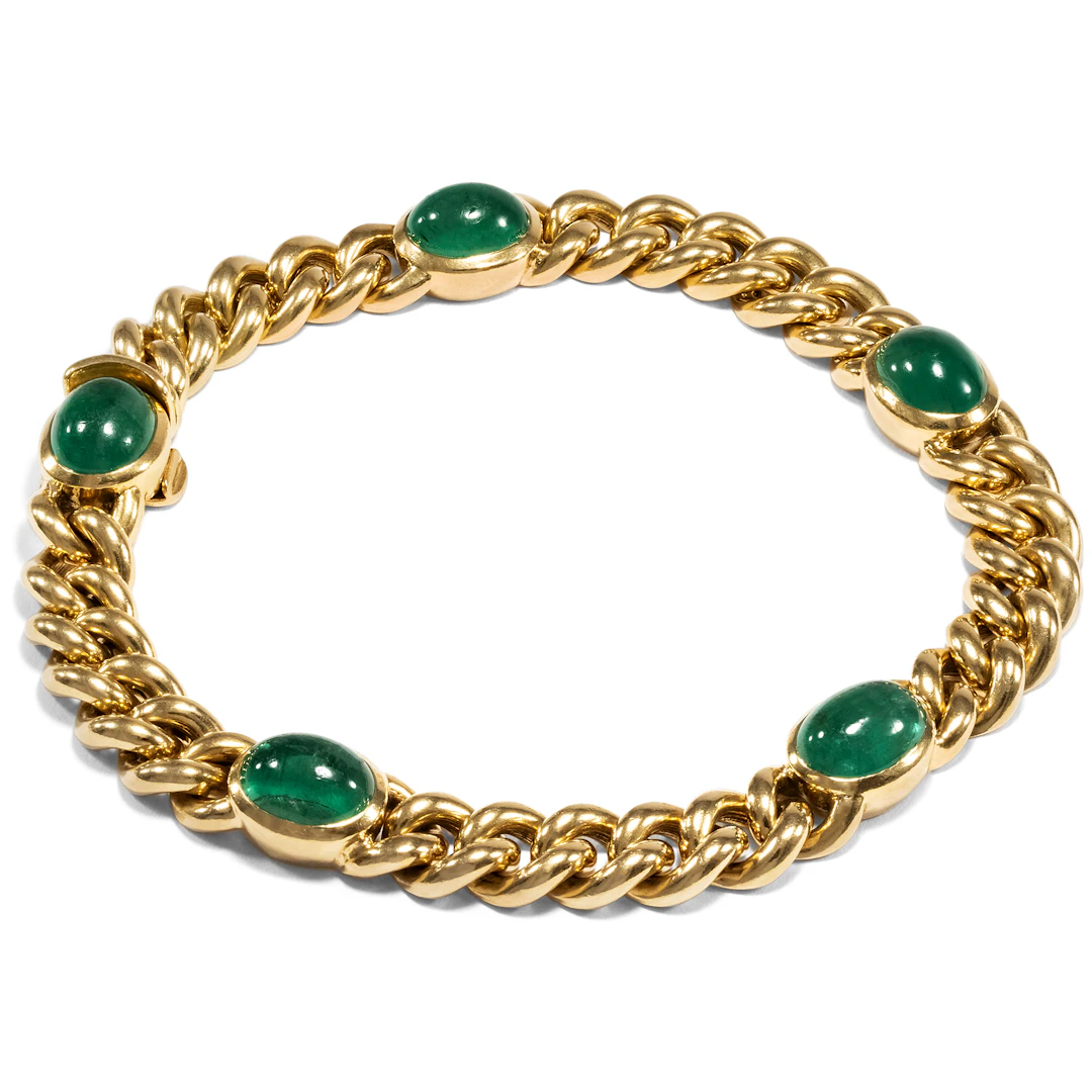 Vintage Curb Chain Bracelet Made of Gold & Emeralds, Pforzheim c. 1985