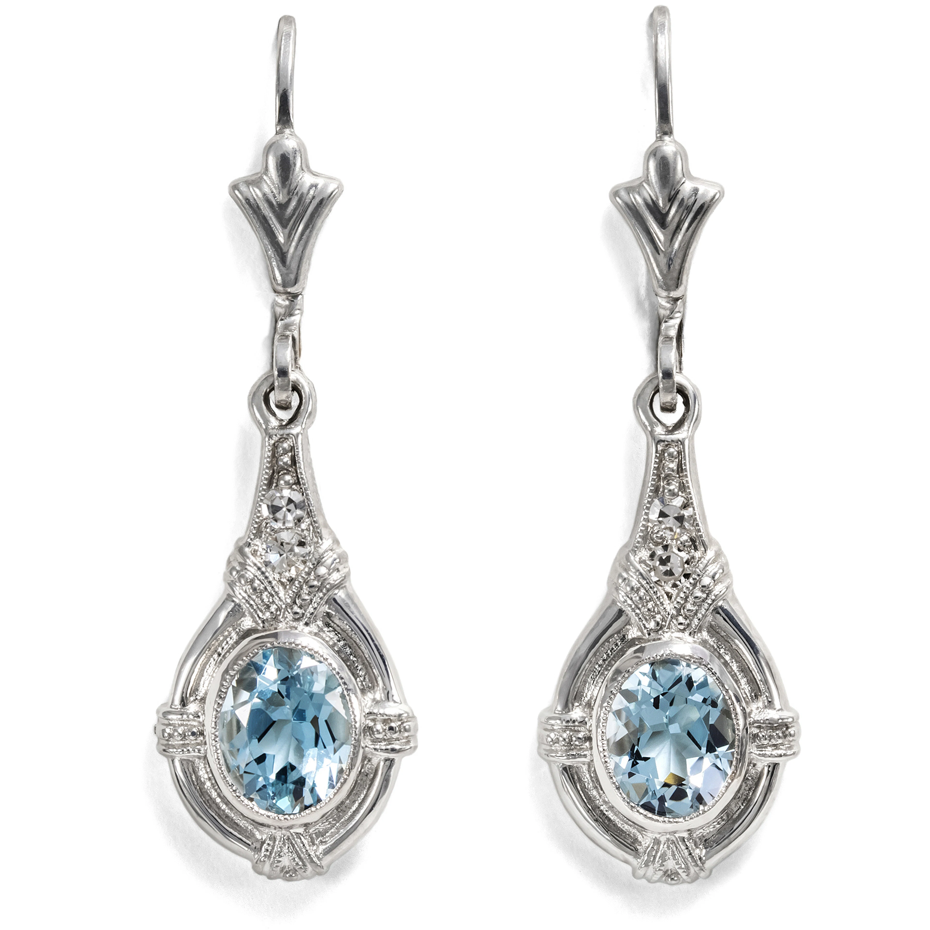 Delicate Earrings with Aquamarine and Diamonds in White Gold, From Our Workshop