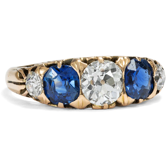 Antique Ring with Sapphires and 1.05 ct Diamonds in Gold, c. 1900