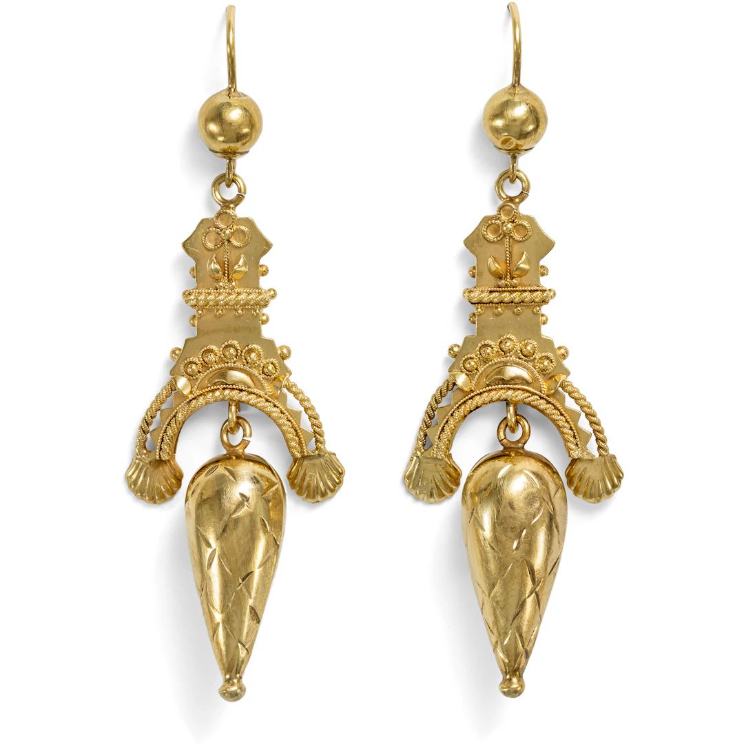 Long Gold Earrings Made of an Antique Brooch, c. 1880 & Later
