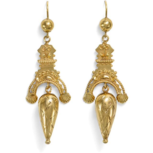 Long Gold Earrings Made of an Antique Brooch, c. 1880 & Later