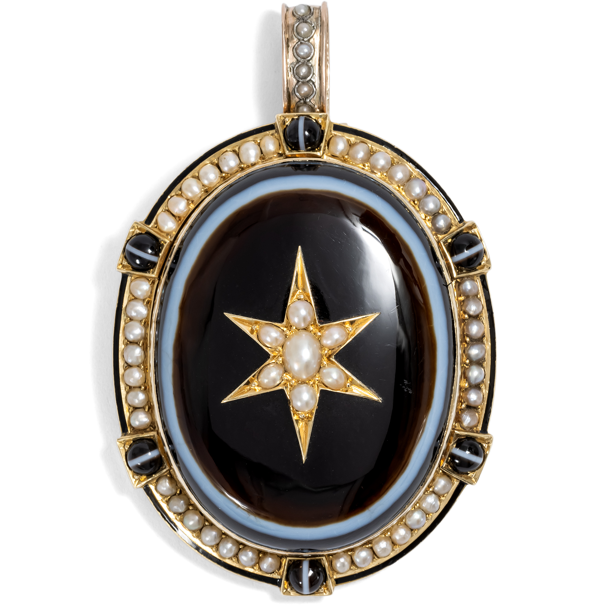 Large Antique Locket Pendant With Striped Agate & Pearls In Gold, Circa 1865