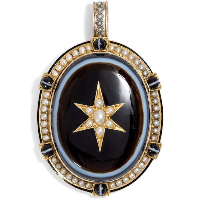 Large Antique Locket Pendant With Striped Agate & Pearls In Gold, Circa 1865