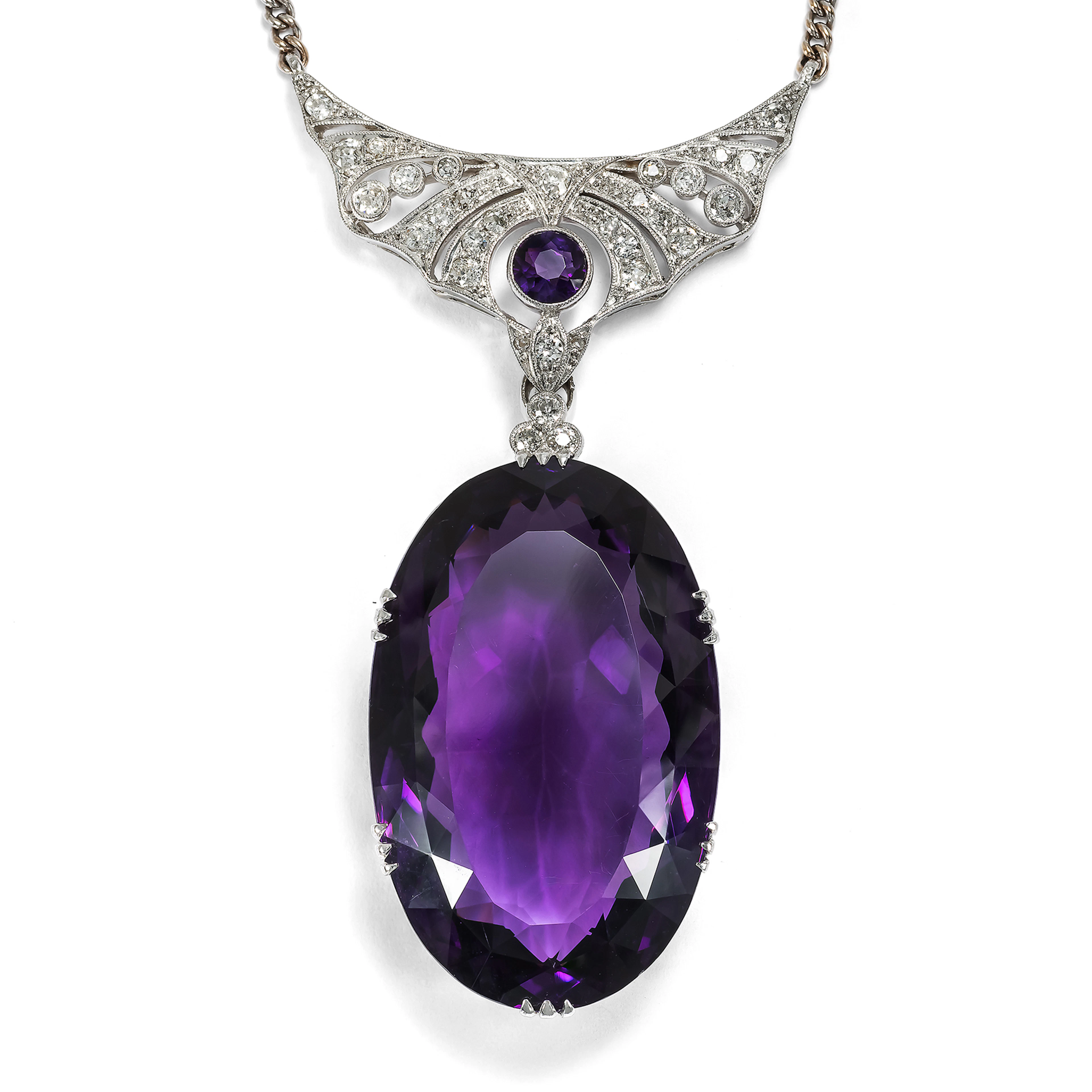 Stunning Necklace with Amethyst and Diamonds, Featuring Antique Elements