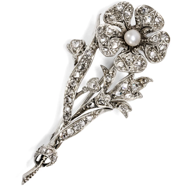 Floral Brooch with Diamonds and a Natural Pearl in Silver on Gold, c. 1890