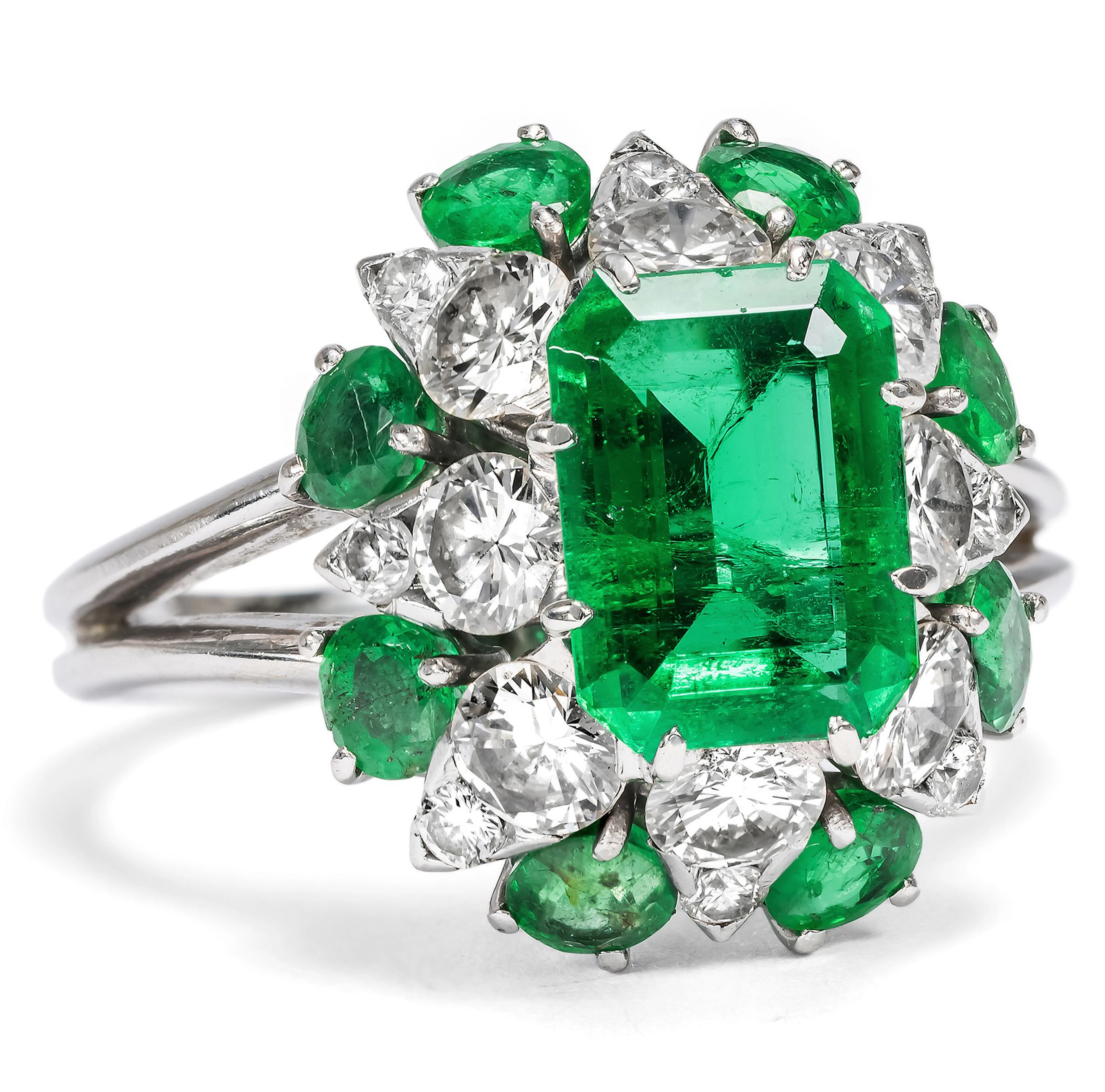 Vintage Platinum Ring with Colombian Emerald & Diamonds, c. 1975