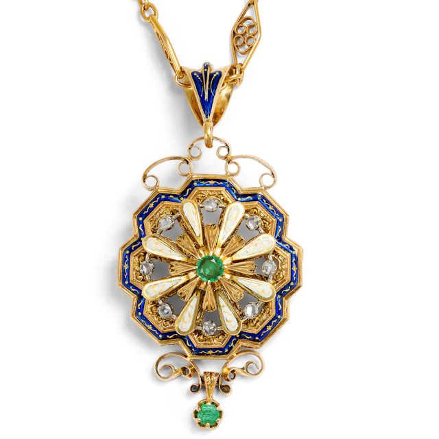 Magnificent Pendant Brooch with Matching Chain with Emeralds & Diamonds
