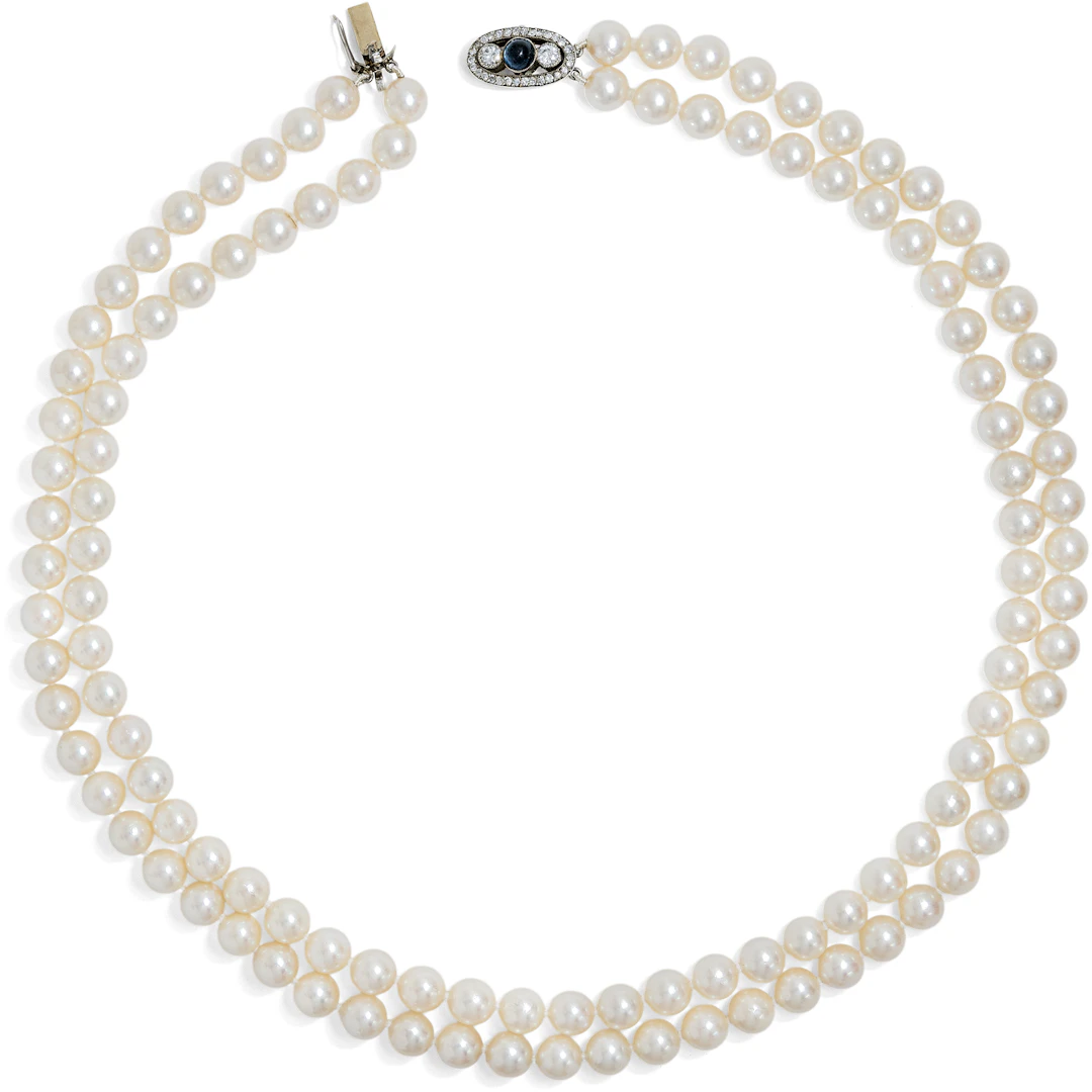 Two-Row Akoya Pearl Necklace with Antique Sapphire & Diamond Clasp