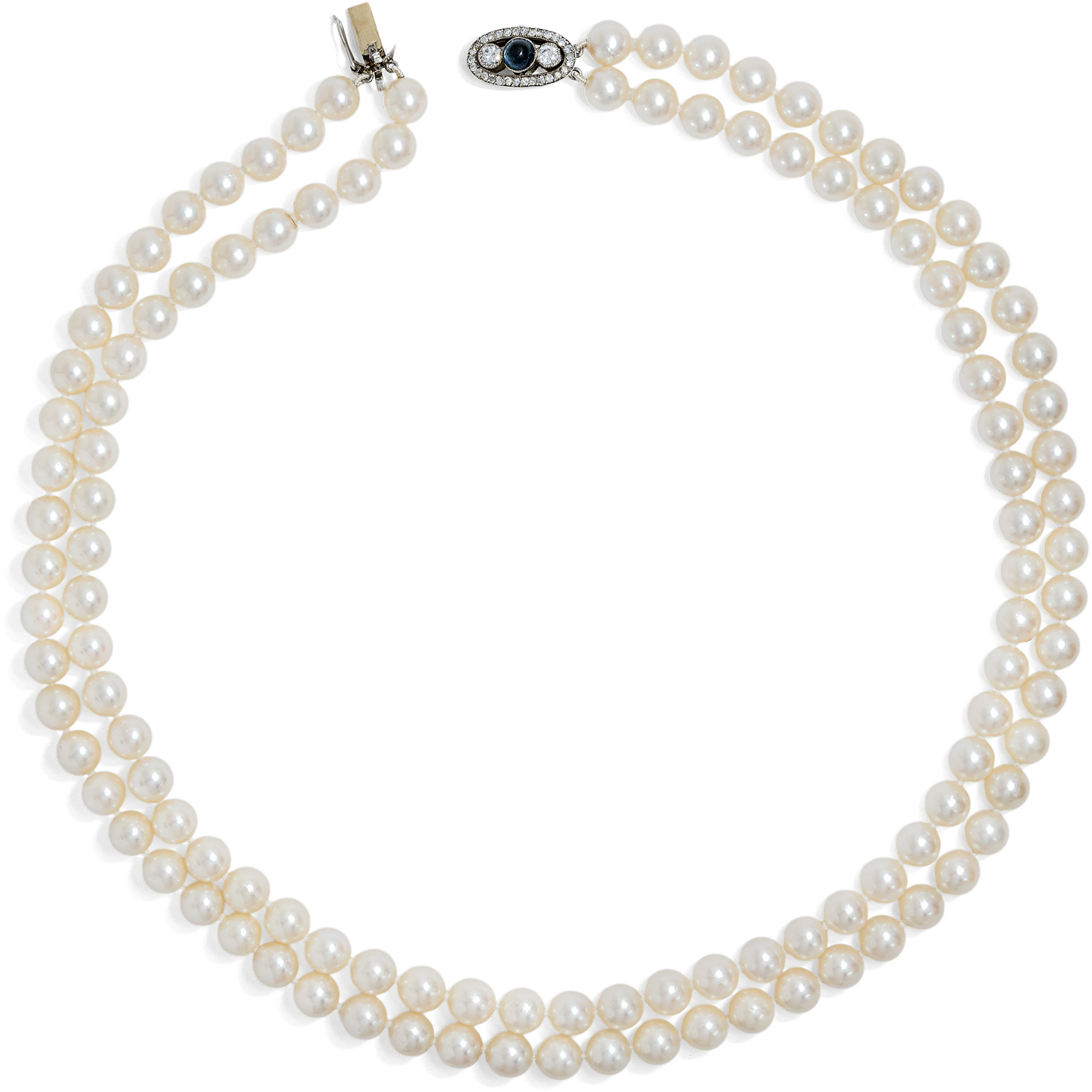 Two-Row Akoya Pearl Necklace with Antique Sapphire & Diamond Clasp