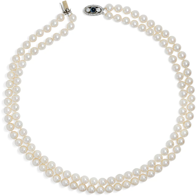 Two-Row Akoya Pearl Necklace with Antique Sapphire & Diamond Clasp