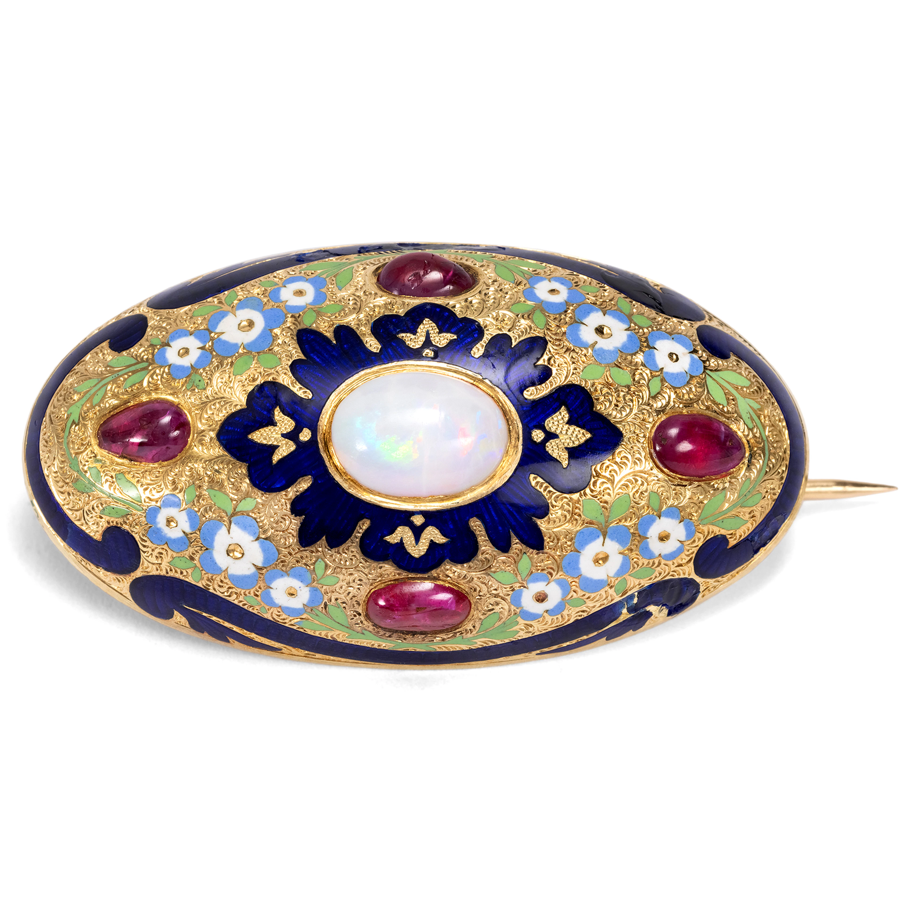 Colourful Antique Gold Brooch with Opal, Burmese Rubies & Enamel, Savoy c. 1845