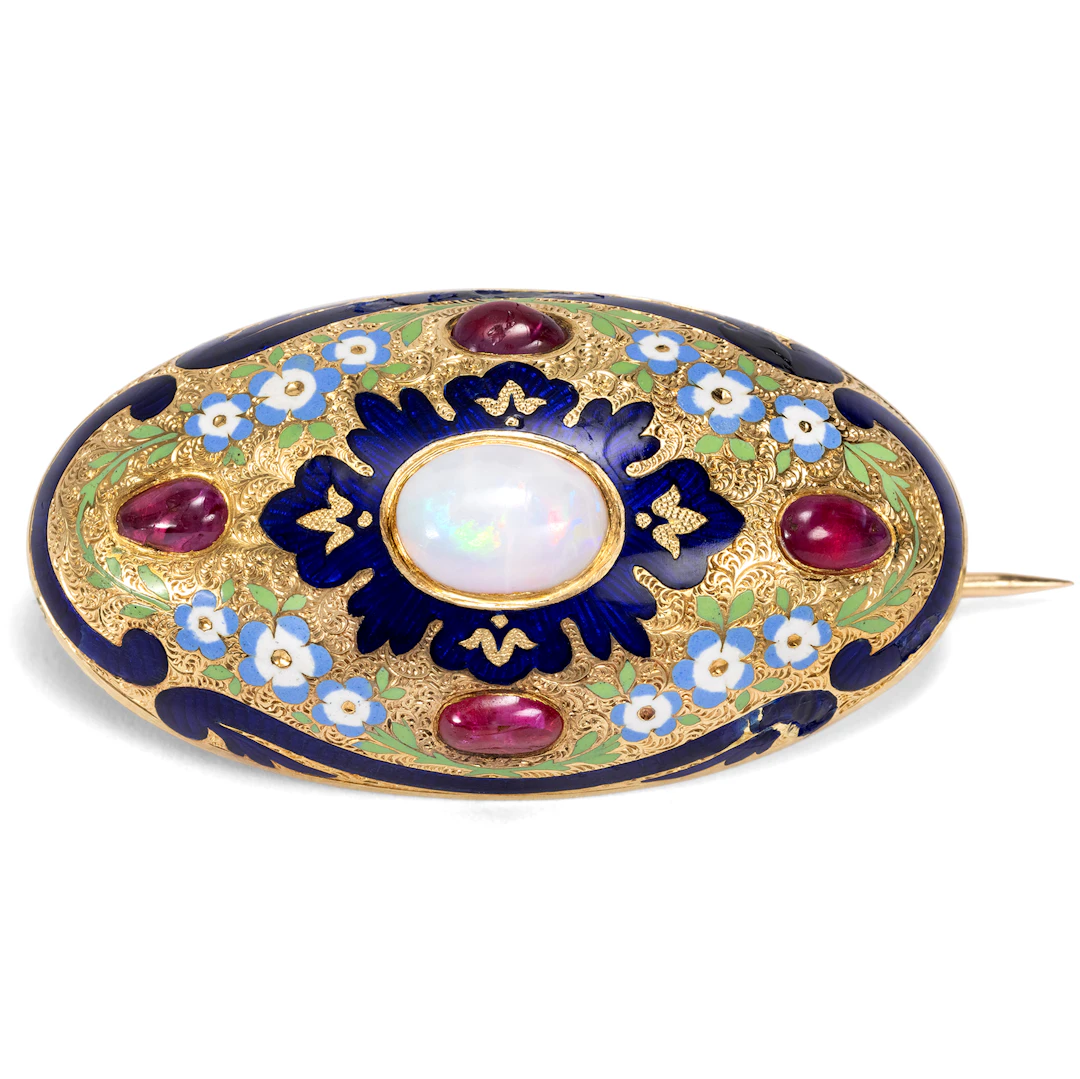 Colourful Antique Gold Brooch with Opal, Burmese Rubies & Enamel, Savoy c. 1845