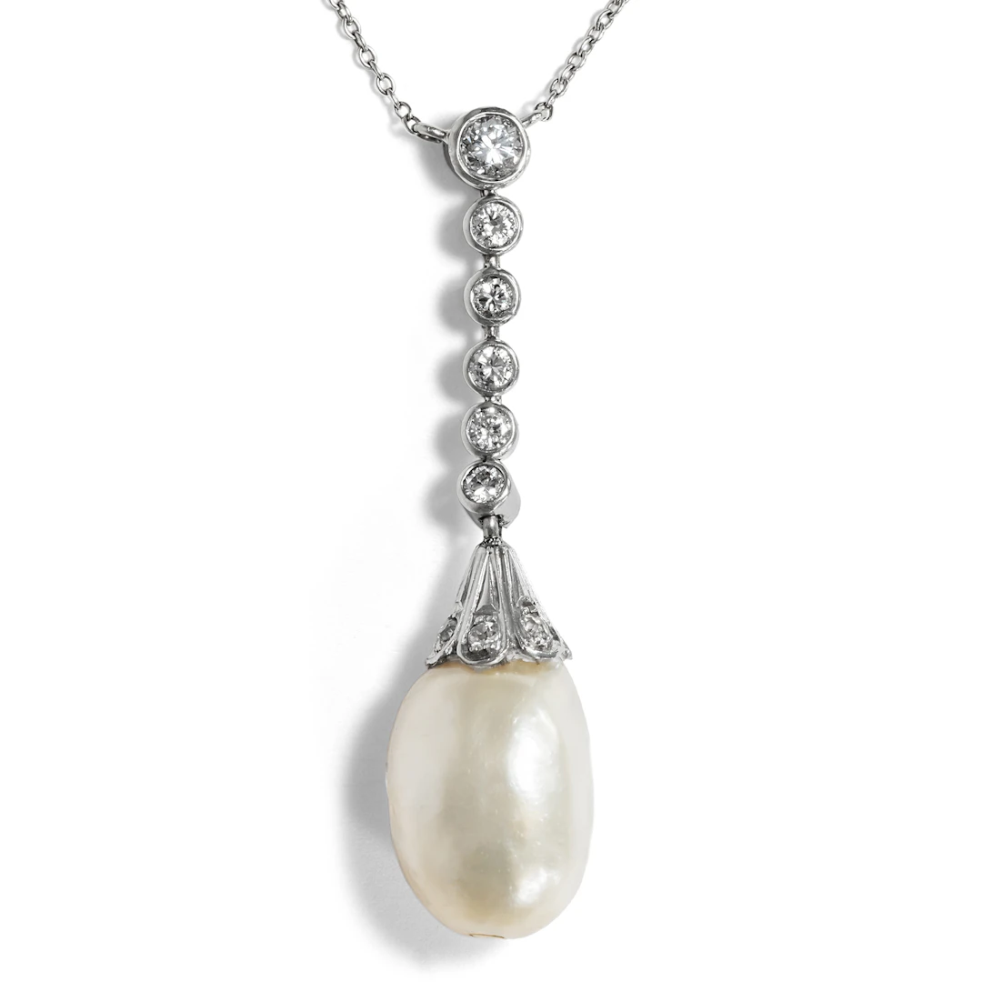 Precious Drop Necklace With Natural Pearl & Diamonds, c. 1920 & later