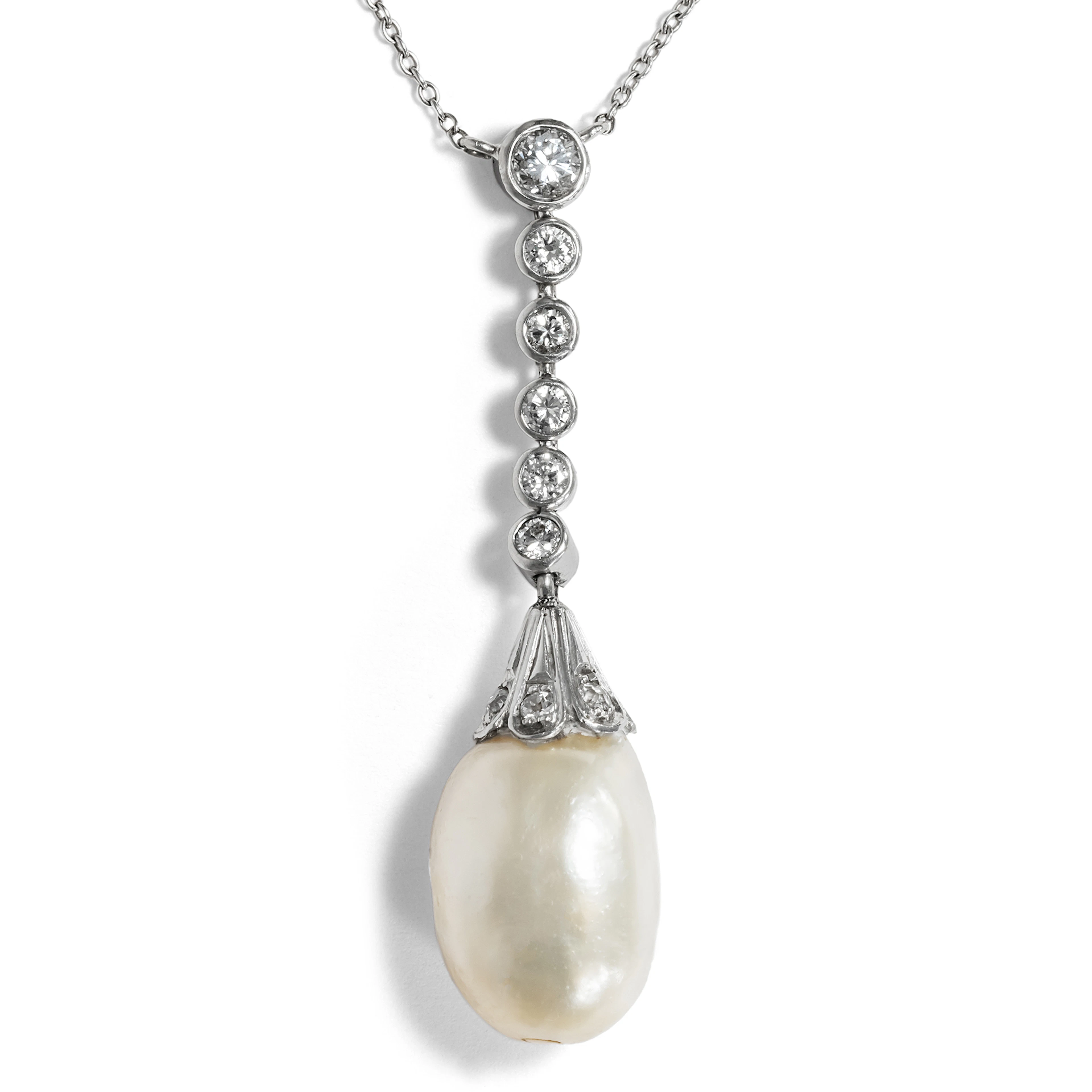 Precious Drop Necklace With Natural Pearl & Diamonds, c. 1920 & later
