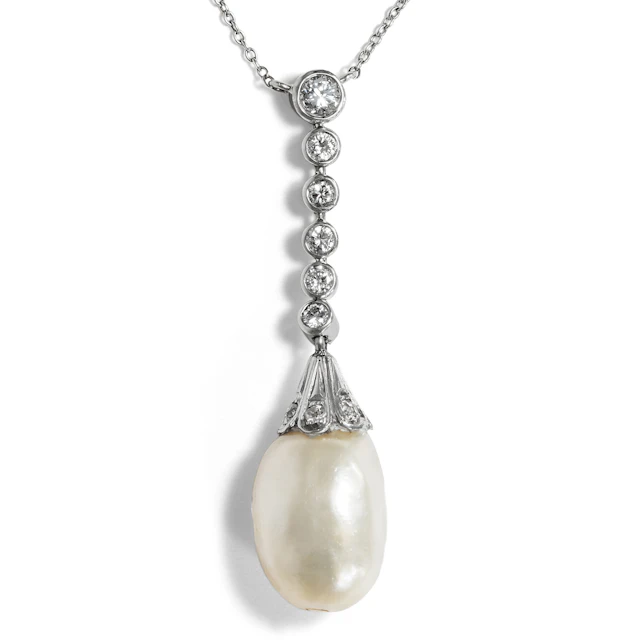 Precious Drop Necklace With Natural Pearl & Diamonds, c. 1920 & later