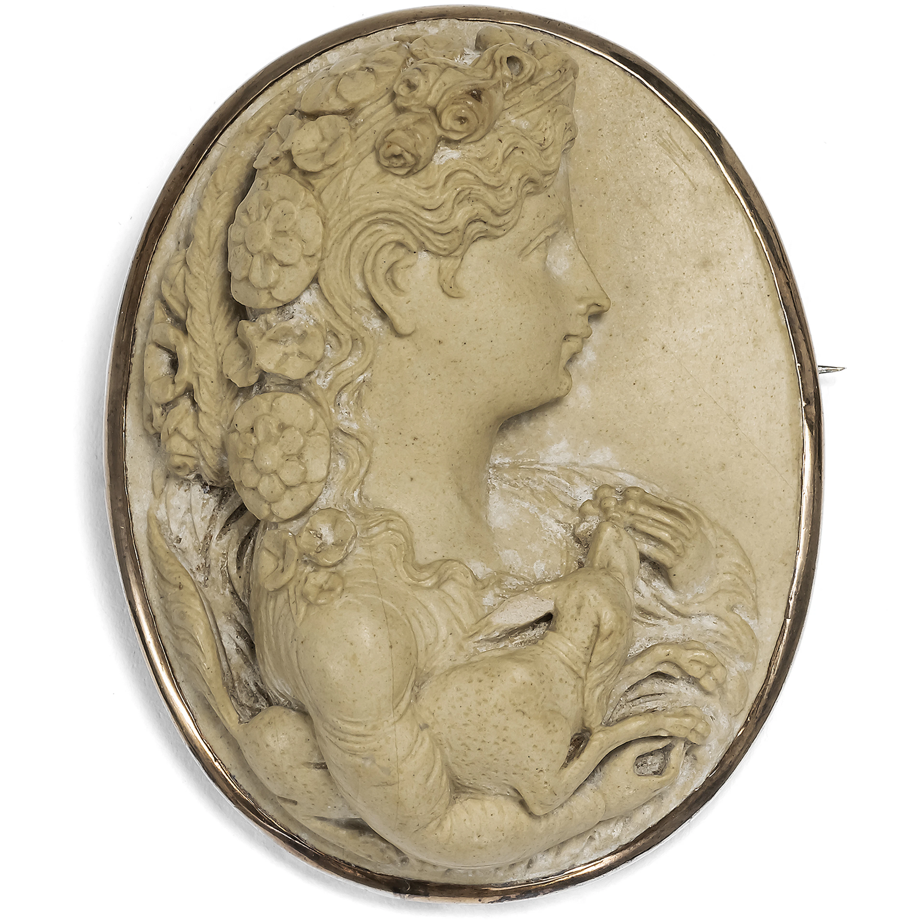Unusual "Vesuvius Lava" Cameo of a Lady with Her Dog, Italy c. 1860