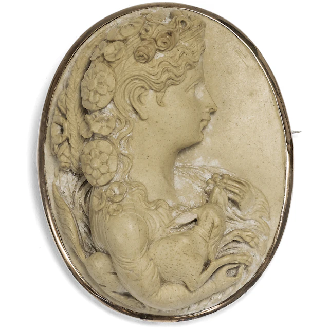 Unusual "Vesuvius Lava" Cameo of a Lady with Her Dog, Italy c. 1860
