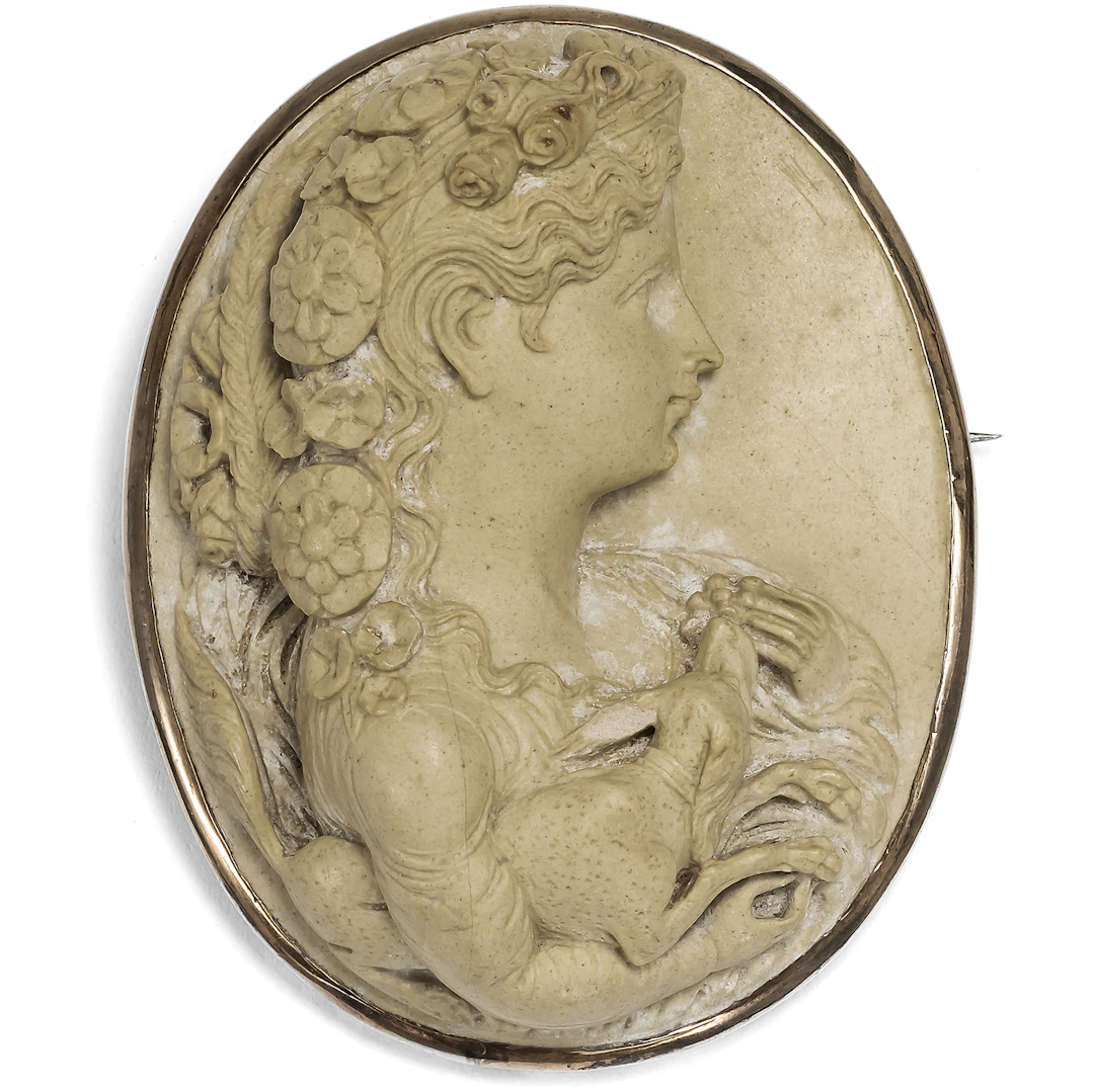 Unusual "Vesuvius Lava" Cameo of a Lady with Her Dog, Italy c. 1860