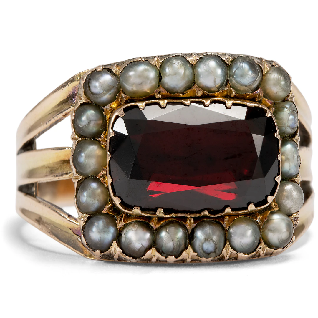Victorian Mourning Ring with Garnet and Pearls in Gold, c. 1844 and later