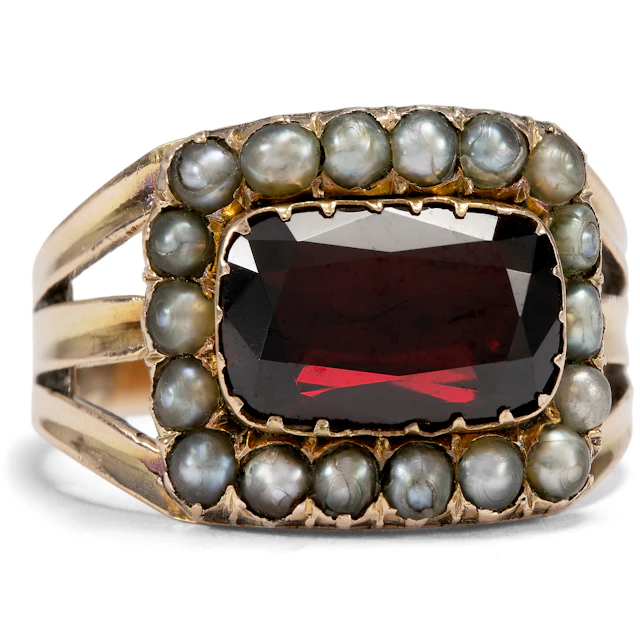 Victorian Mourning Ring with Garnet and Pearls in Gold, c. 1844 and later