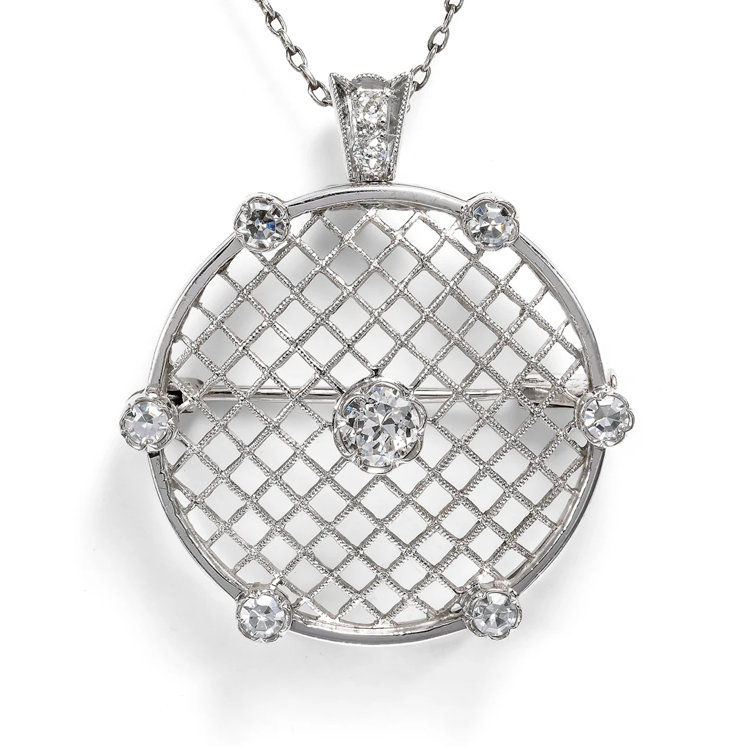 Elegant Pendant/Brooch with Diamonds in White Gold, c. 1990