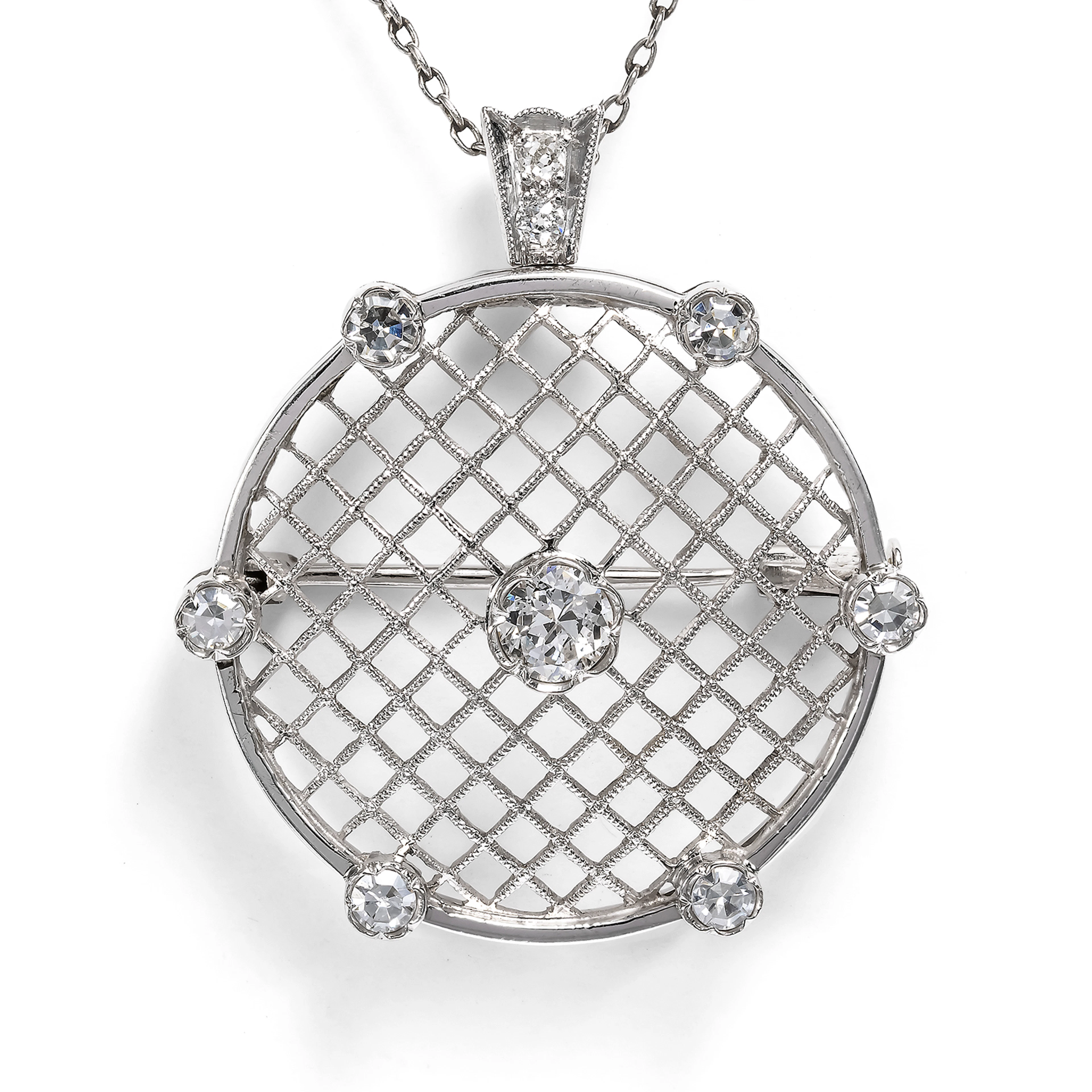 Elegant Pendant/Brooch with Diamonds in White Gold, c. 1990